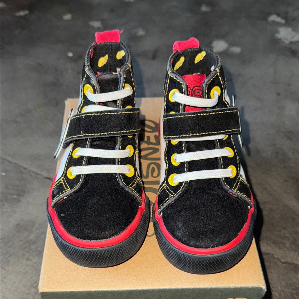 Kids Black and Red High-Top Sneakers with Yellow Accents